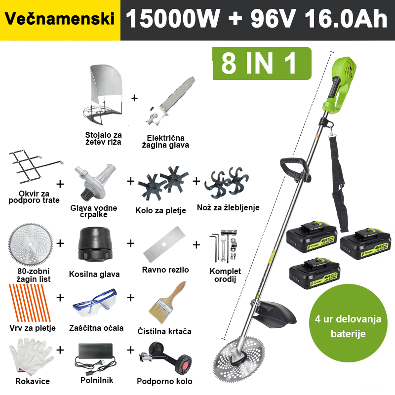【8 v 1】5000W 36V 10A litijeva baterija * 3, življenjska doba baterije 4 ure, električna kosilnica, rezilo za obdelovanje zemlje, nož za rezanje utorov, vodna črpalka, nož z 80 zobmi, kosilnica, 10x kosilnica, ravno rezilo, podporno kolo, podporni okvir za trato, stojalo za travo, celoten komplet dodatkov