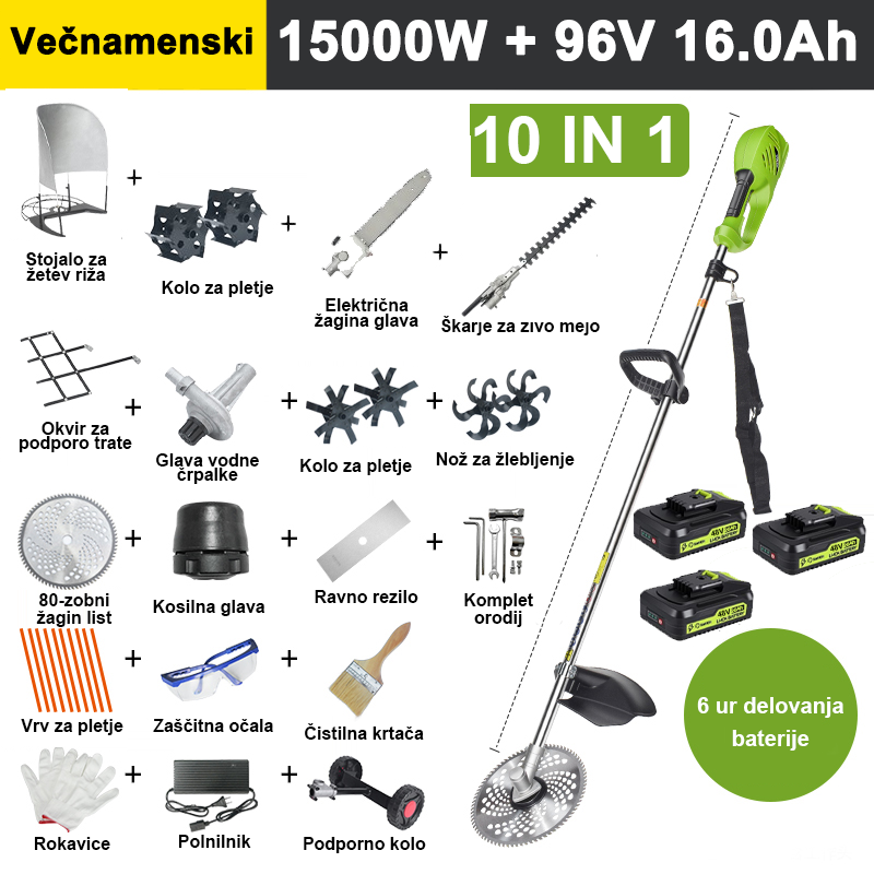 【10 v 1】7000W, 48V 12A litijeva baterija * 3, življenjska doba baterije 6 ur, električna kosilnica, freza, freza, vodna črpalka, 80-zobno rezilo, kosilnica, kosilnica * 10, ravno rezilo, podporno kolo, podporni okvir za trato, okvir za travo, obrezovalnik žive meje, glava roke, celoten komplet dodatkov