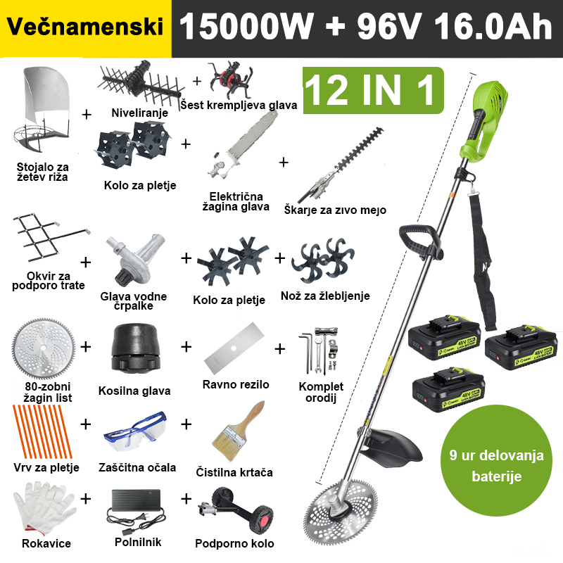 【12 v 1】9000W, 48V 20A litijeva baterija * 3, življenjska doba baterije 9 ur, električna kosilnica, kultivator, freza, vodna črpalka, 80-zobno rezilo, kosilnica, košilna nit * 10, ravna kosilnica, podporno kolo, podporni okvir za trato, stojalo za travo, obrezovalnik žive meje, odstranjevalec plevela, šestzobna glava, izravnalni valj, celoten komplet dodatkov